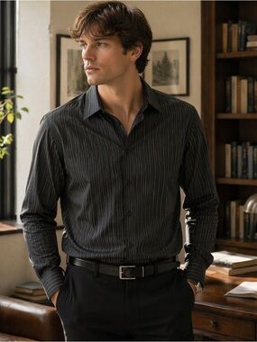 7 Diamonds Black Pinstripe Button Down Dress Shirt | Men’s Large